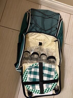 Rolling Green Picnic Cooler Backpack with Drinkware